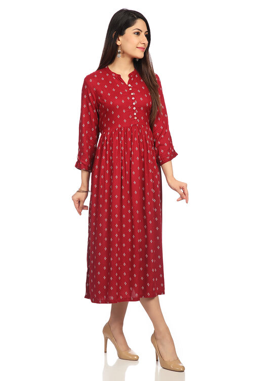 Maroon Flared Viscose Dress image number 8