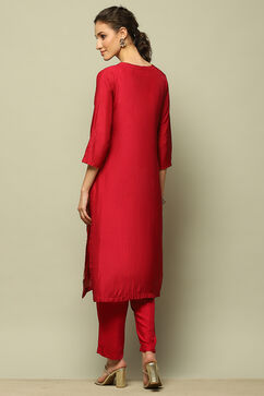 Pink Viscose Blend Straight Yarn Dyed Kurta Slim Pants Suit Set image number 4