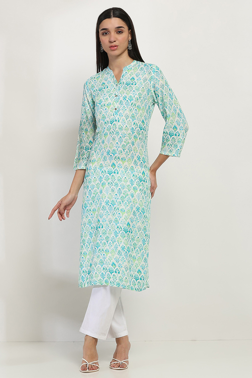 Sea Green Printed Straight Kurta image number 5