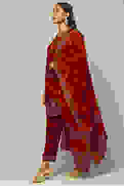 Red Poly Velvet Straight Printed Kurta Palazzo Suit Set image number 3