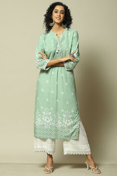 Green LIVA Straight Printed Kurta image number 0