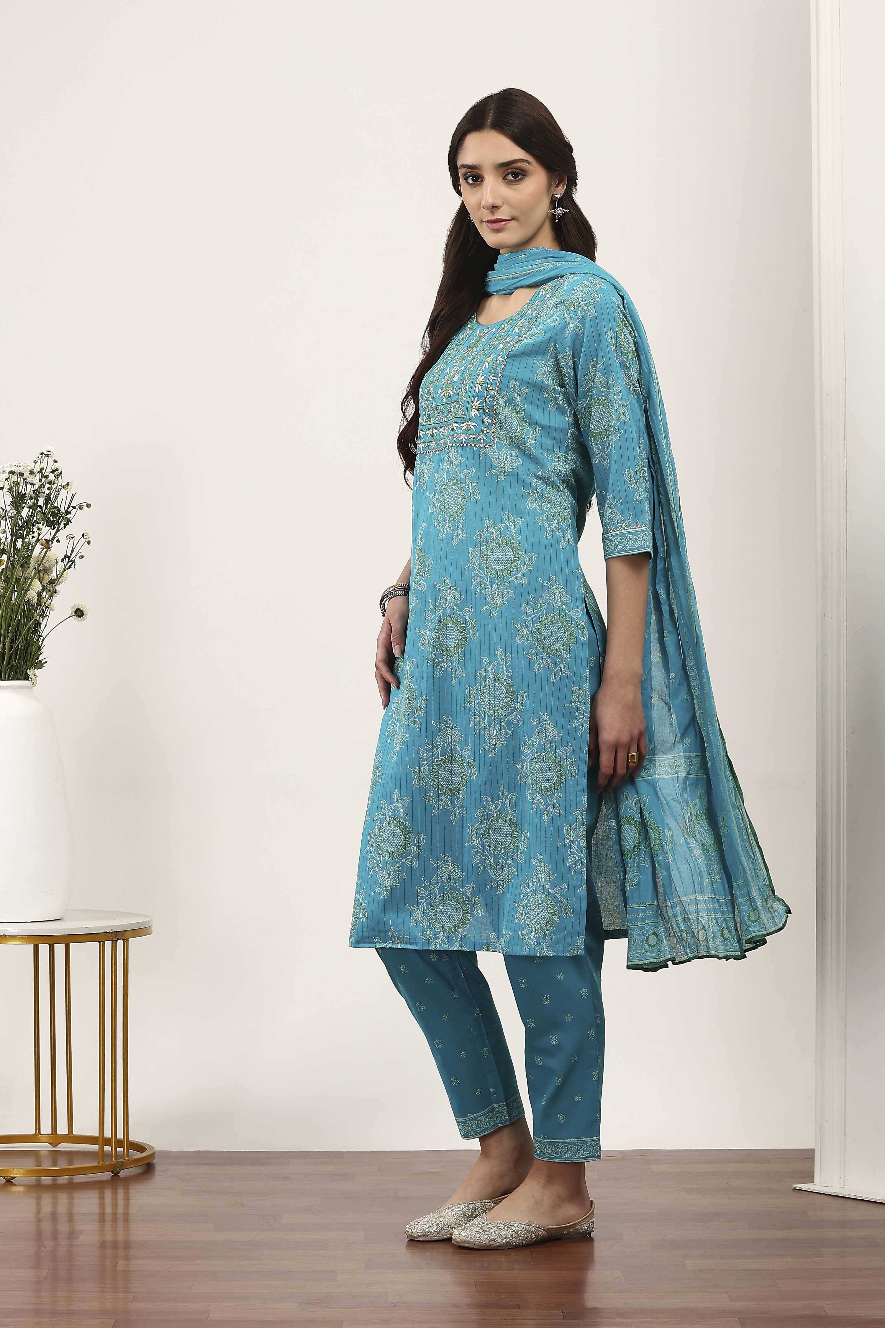 Blue Cotton Straight Suit Sets image number 3