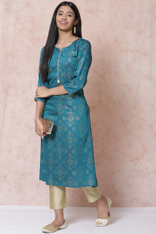 Teal Green LIVA A Line Kurta image number 3