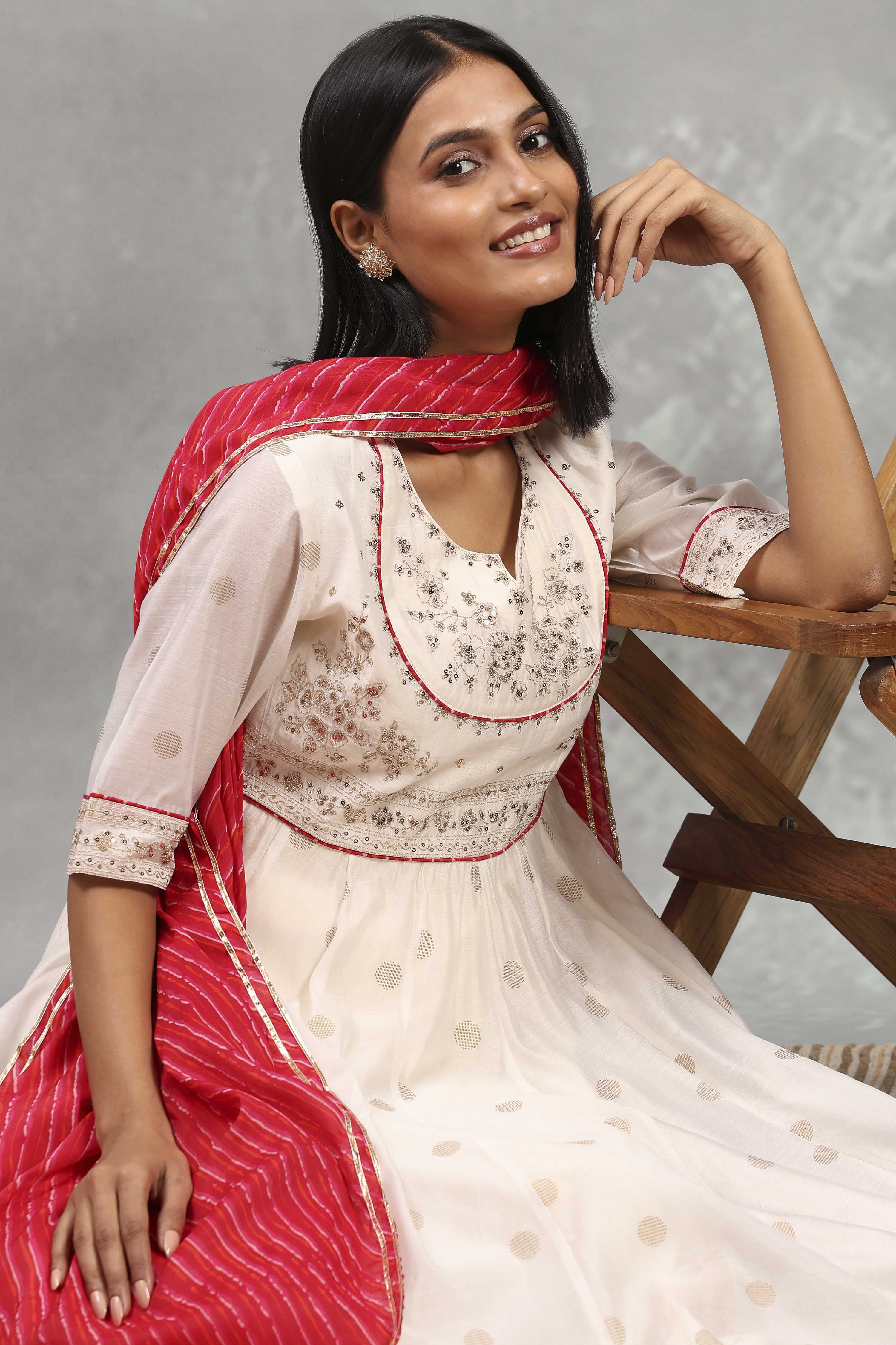 Off White Viscose Blend Printed Kalidar Suit Set image number 0