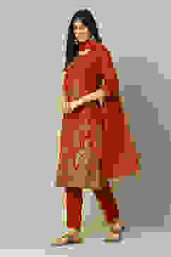 Rust LIVA Straight Printed Kurta Palazzo Suit Set image number 5