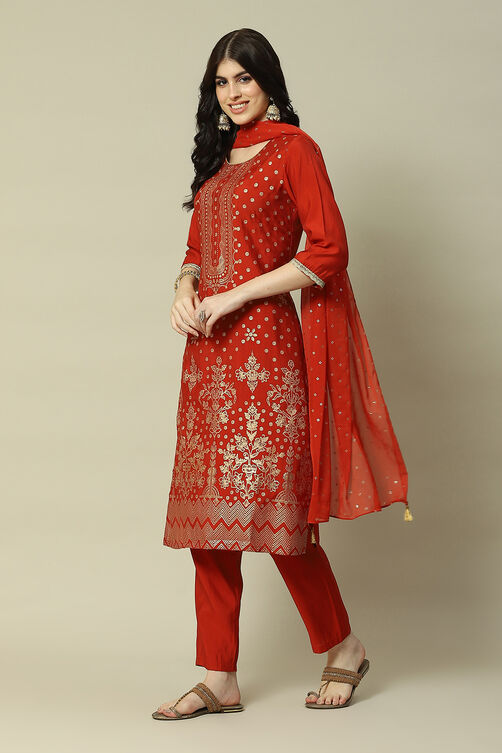 Rust LIVA Straight Printed Kurta Palazzo Suit Set image number 5