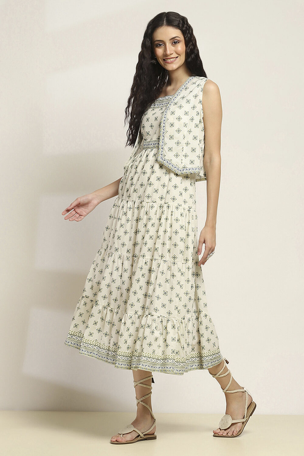 Off-White Cotton Printed Tiered Dress image number 2