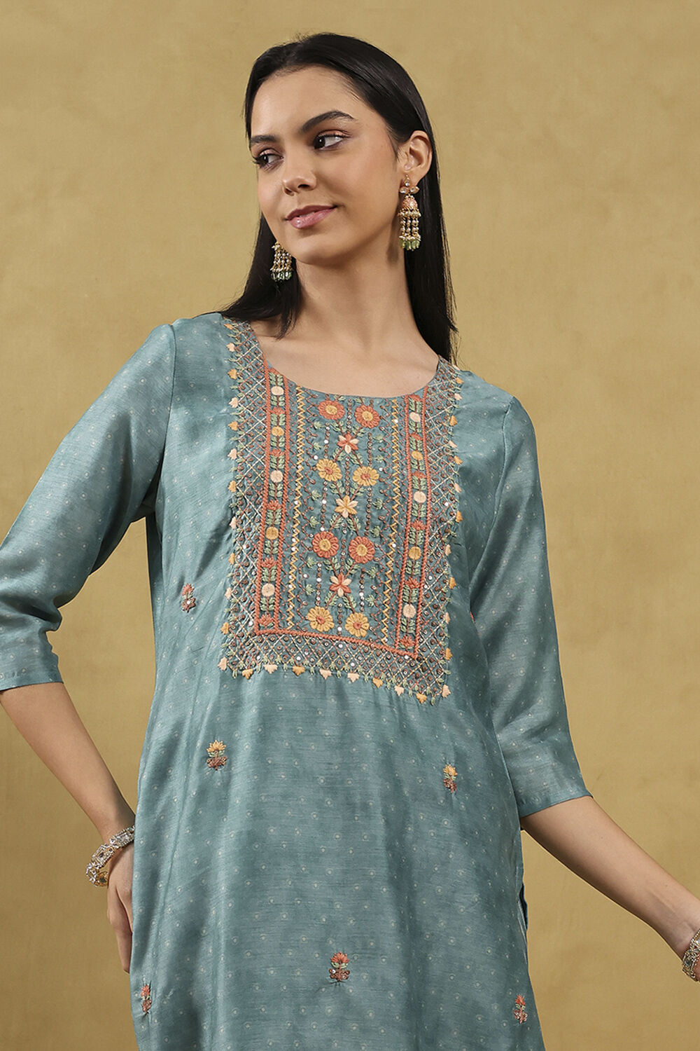 Blue Polyester Printed Straight Suit Set image number 1