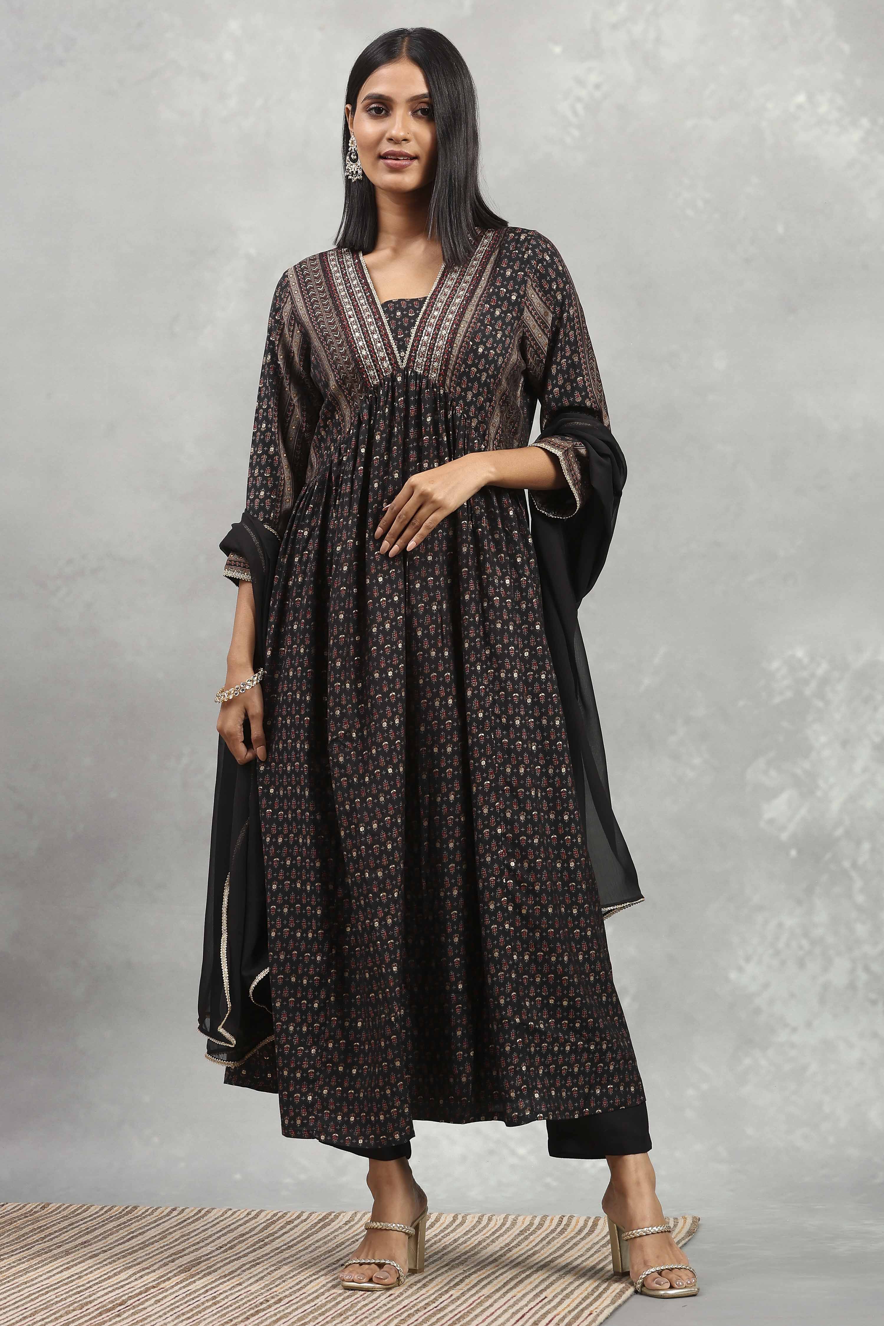 Black Viscose Rayon Printed Gathered Suit Set image number 0