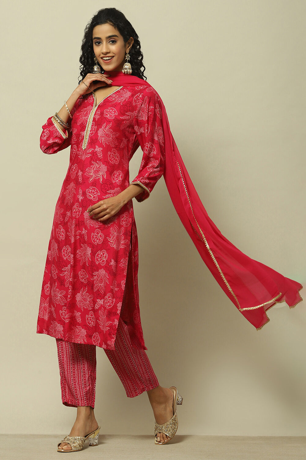 Green Printed Straight Kurta & Pants Suit Set image number 4