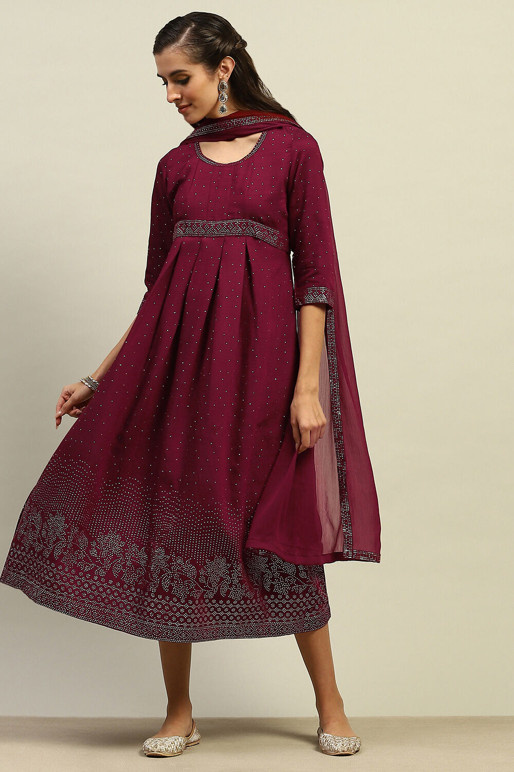 Red Viscose Blend Gathered Printed Dress With Dupatta image number 0