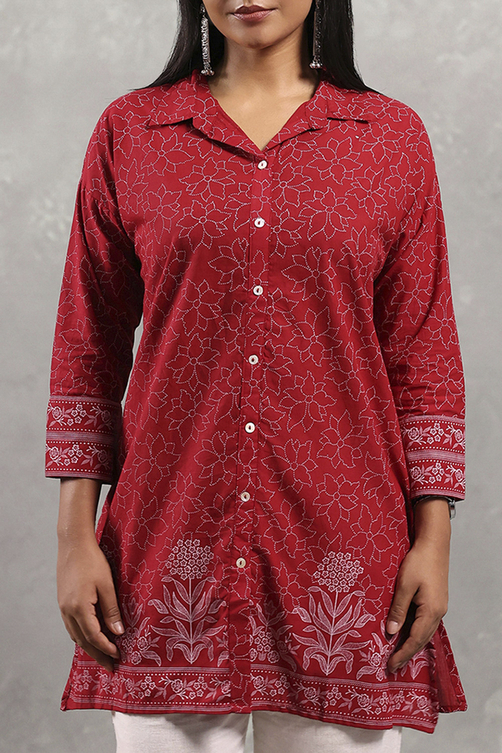 Red Cotton Printed Straight Top image number 1