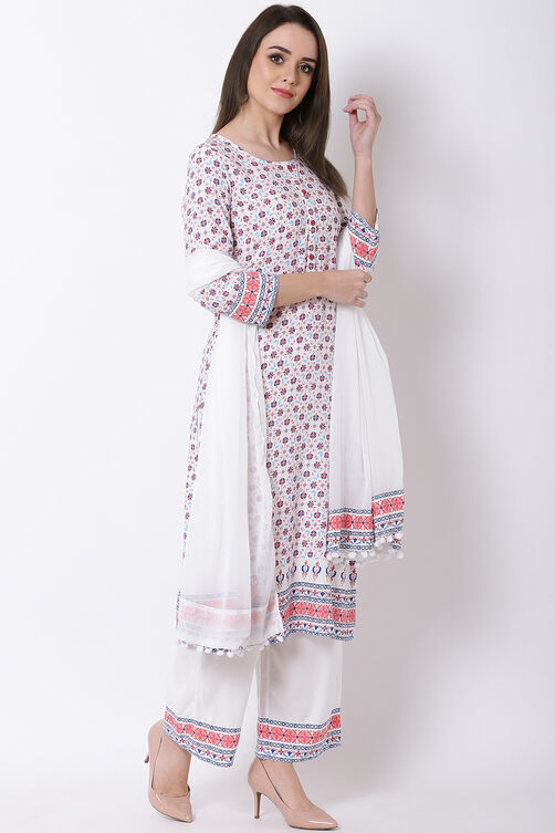 Off White Viscose Straight Suit Set image number 3