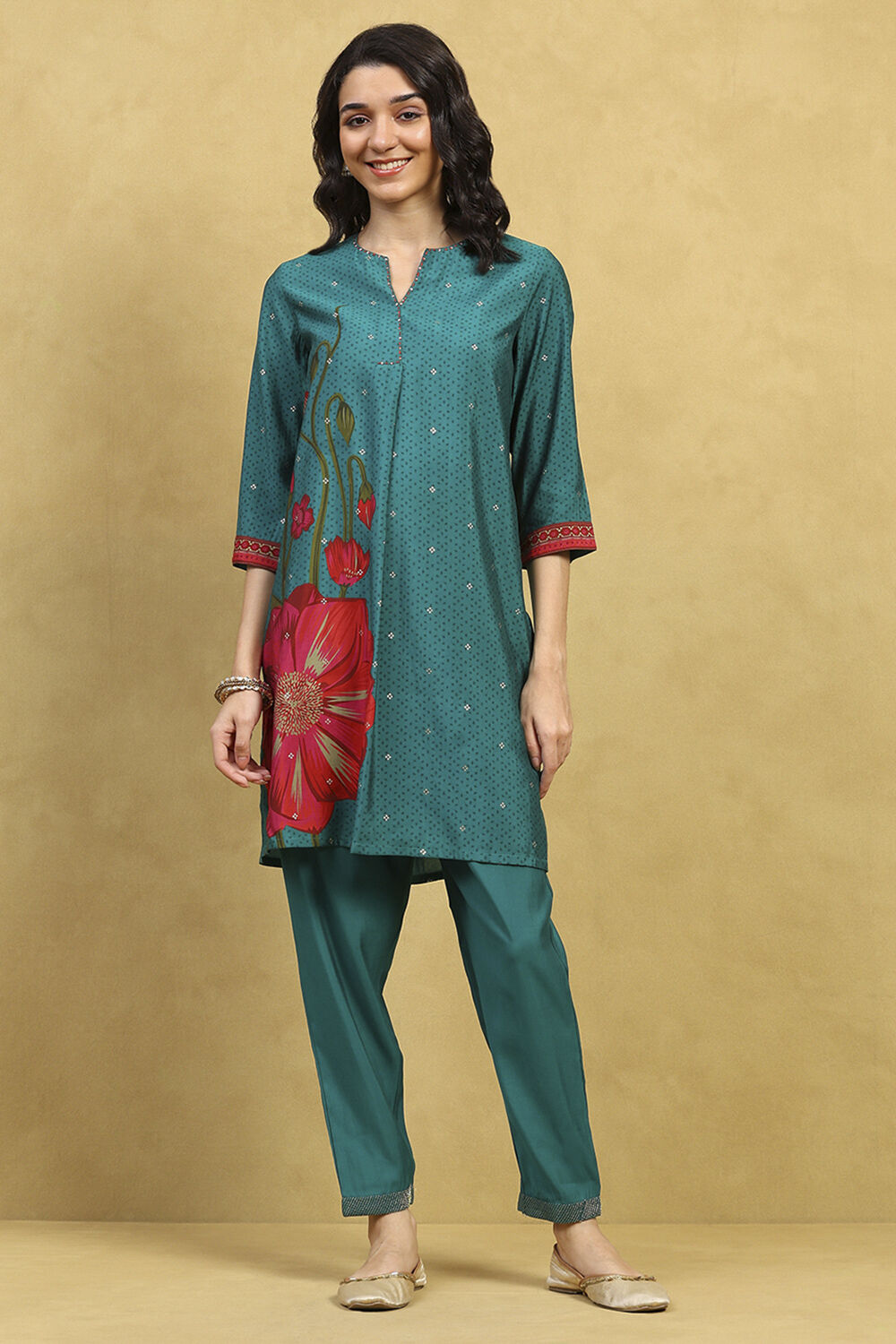 Teal Viscose Blend Printed Straight Kurta Pants Set image number 6