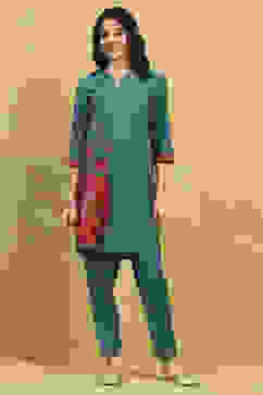 Teal Viscose Blend Printed Straight Kurta Pants Set image number 6