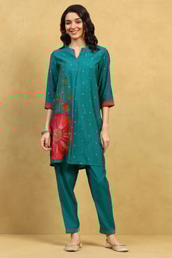 Teal Viscose Blend Printed Straight Kurta Pants Set image number 6