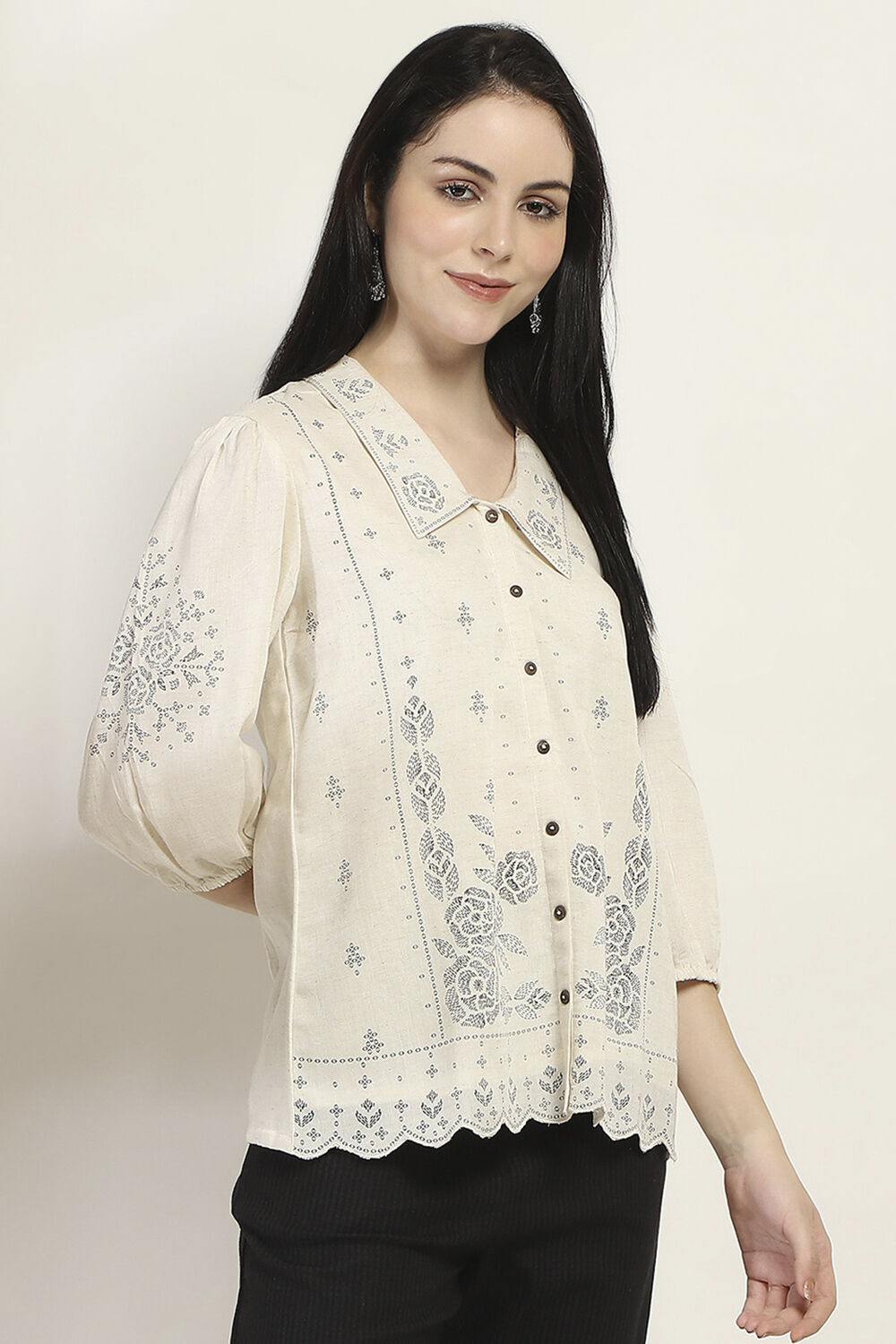 White Printed Straight Shirt-Style Indie Top image number 4