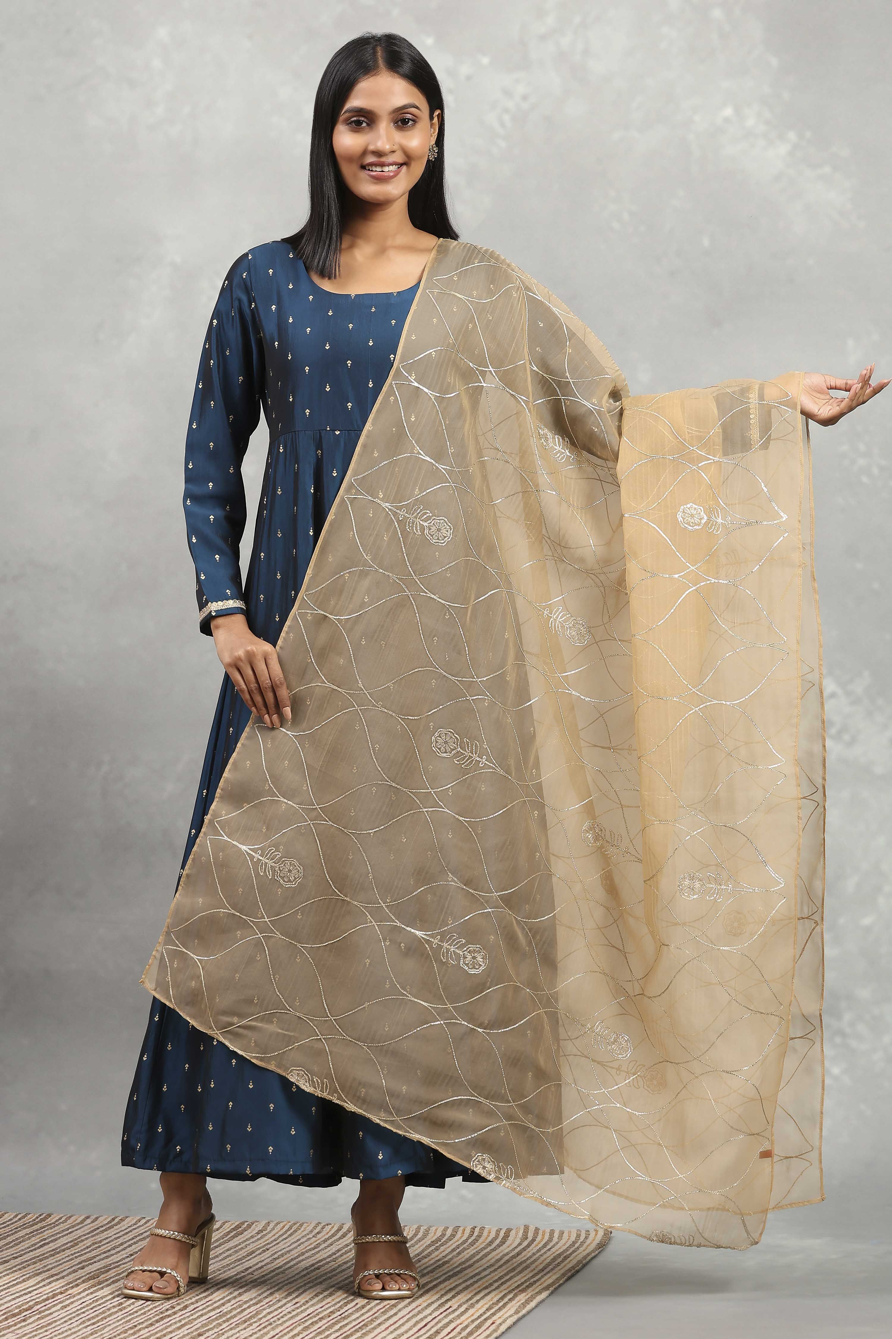 Gold Polyester Embroidered Dupatta image number 0