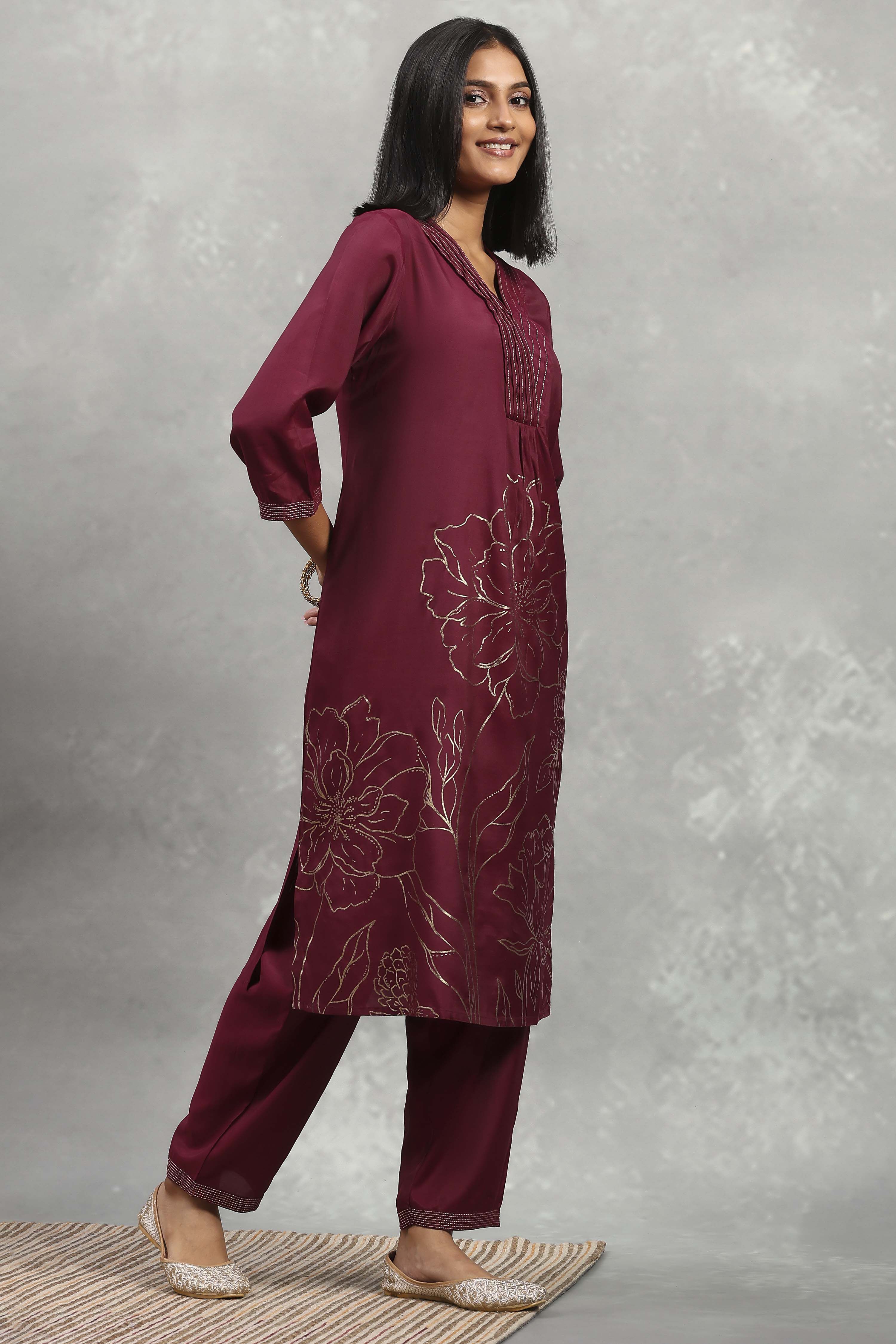 Purple Viscose Rayon Printed A-Line Kurta Pants Set image number 5