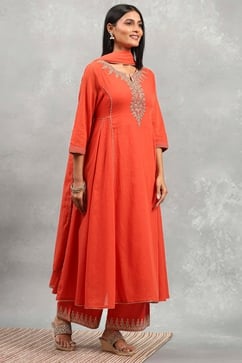 Orange Cotton Printed Kalidar Suit Set image number 5