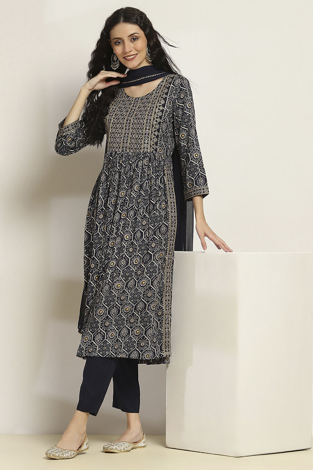 Navy Viscose Rayon Printed Gathered Suit Set image number 0