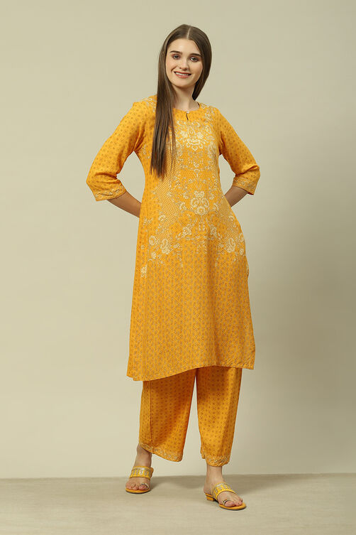 Yellow LIVA Straight Printed Kurta Palazzo Suit Set image number 0