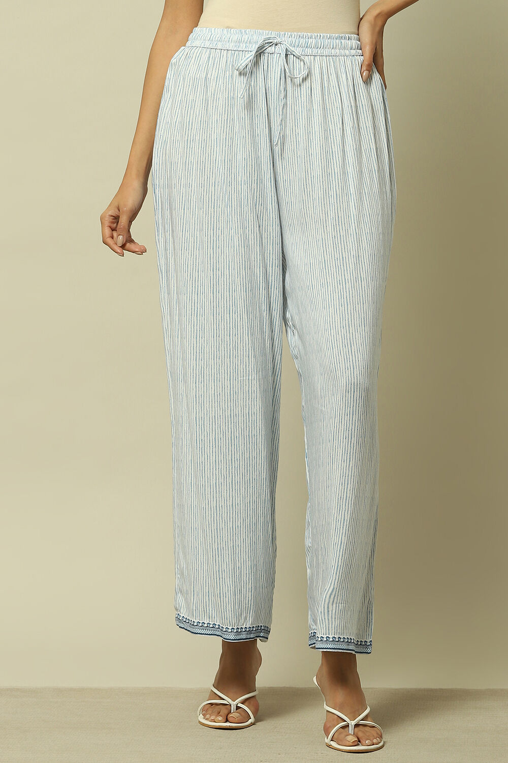 White and Blue Viscose Striped Straight Fit Palazzo image number 5