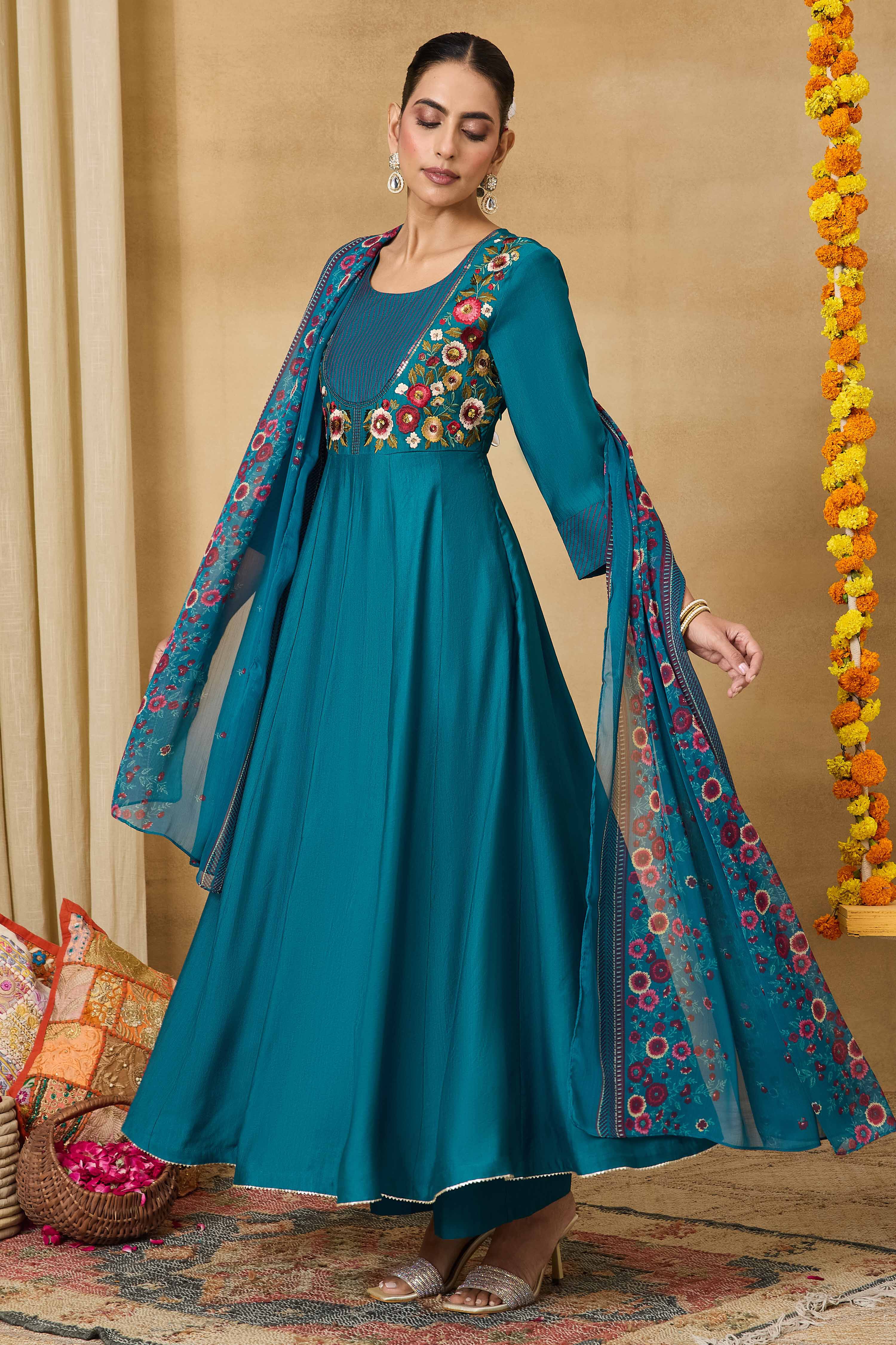 Teal Viscose Blend Kalidar Solid Suit Set image number 4