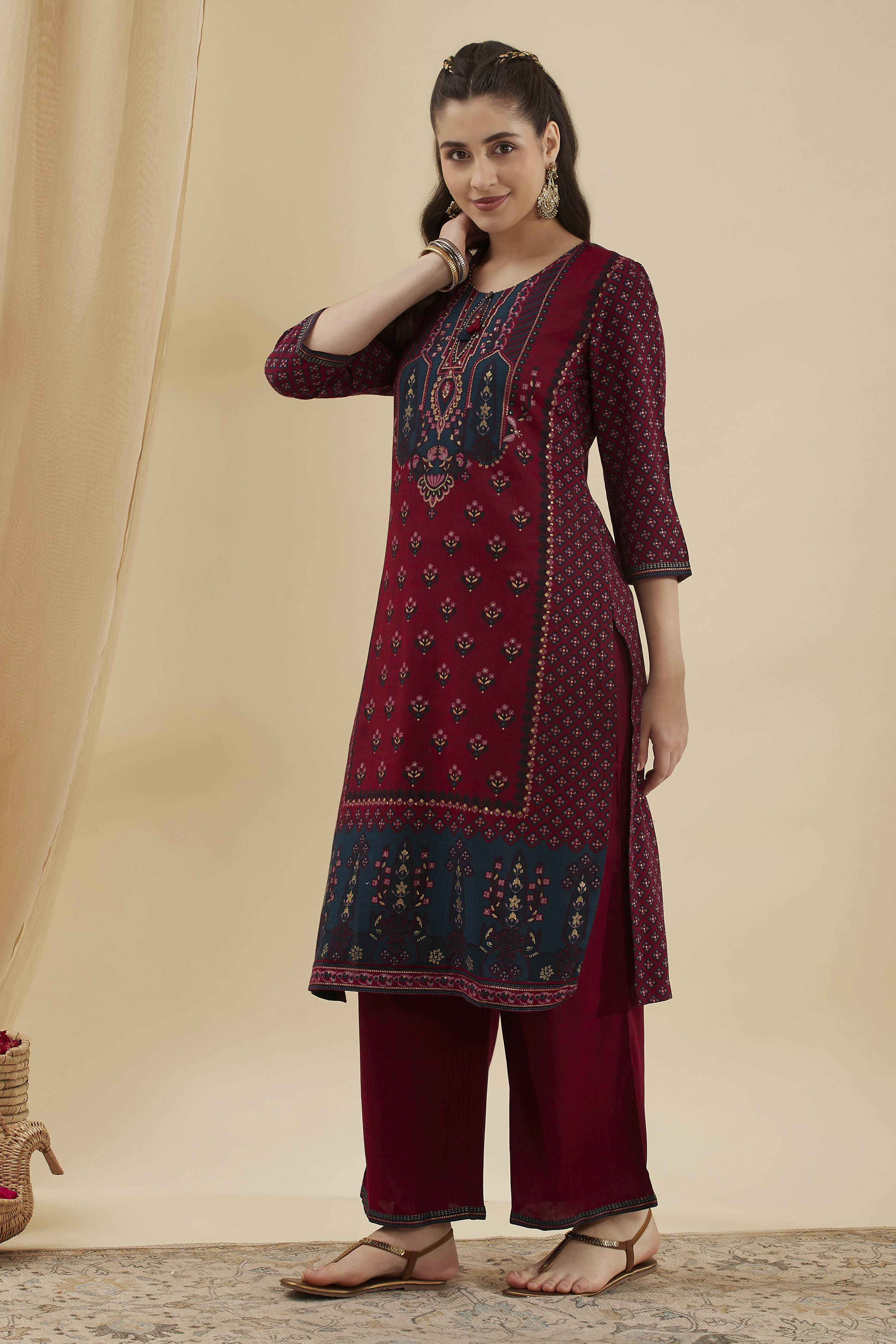 Pink Viscose Blend Straight Printed  image number 3