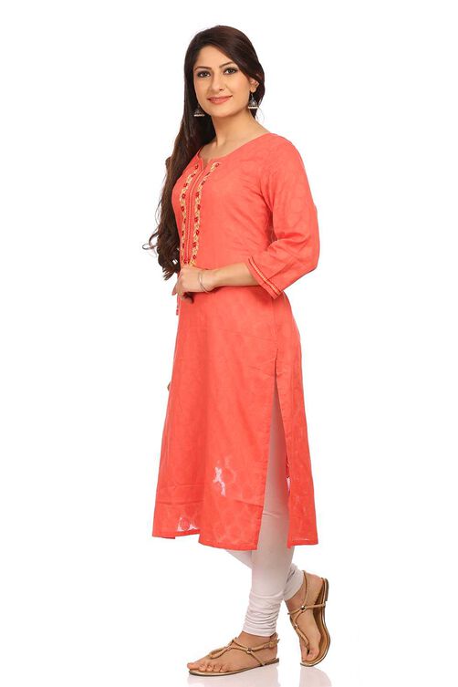 Peach Straight Cotton Kurta image number 2
