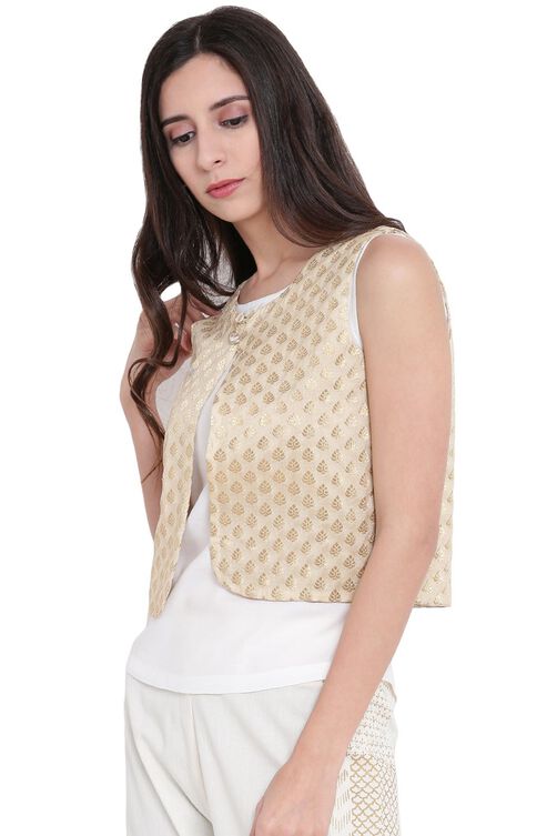 Beige Art Silk Front Open Reversible Jacket image number 2