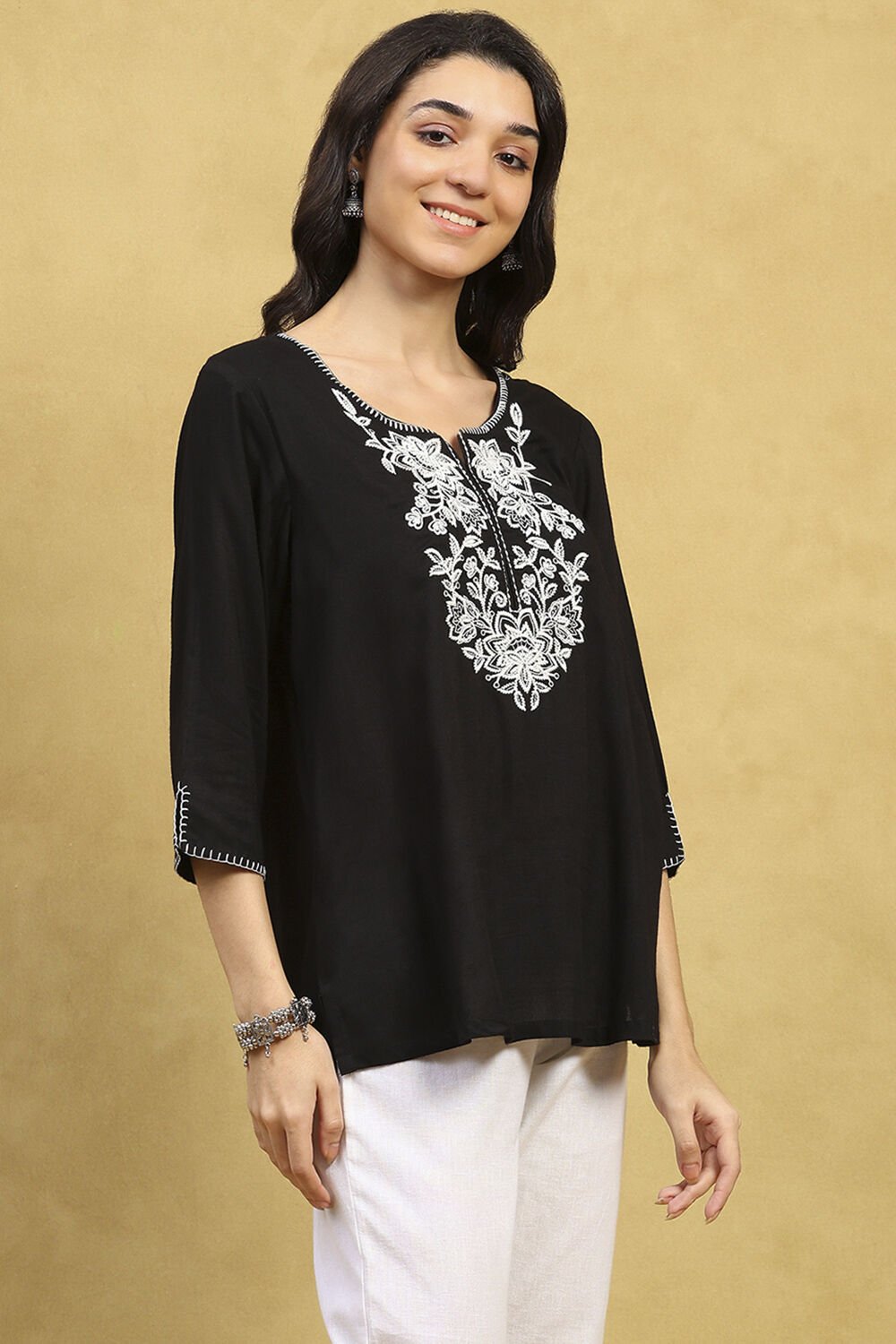 Black Viscose Rayon Embroidered Straight Top image number 4
