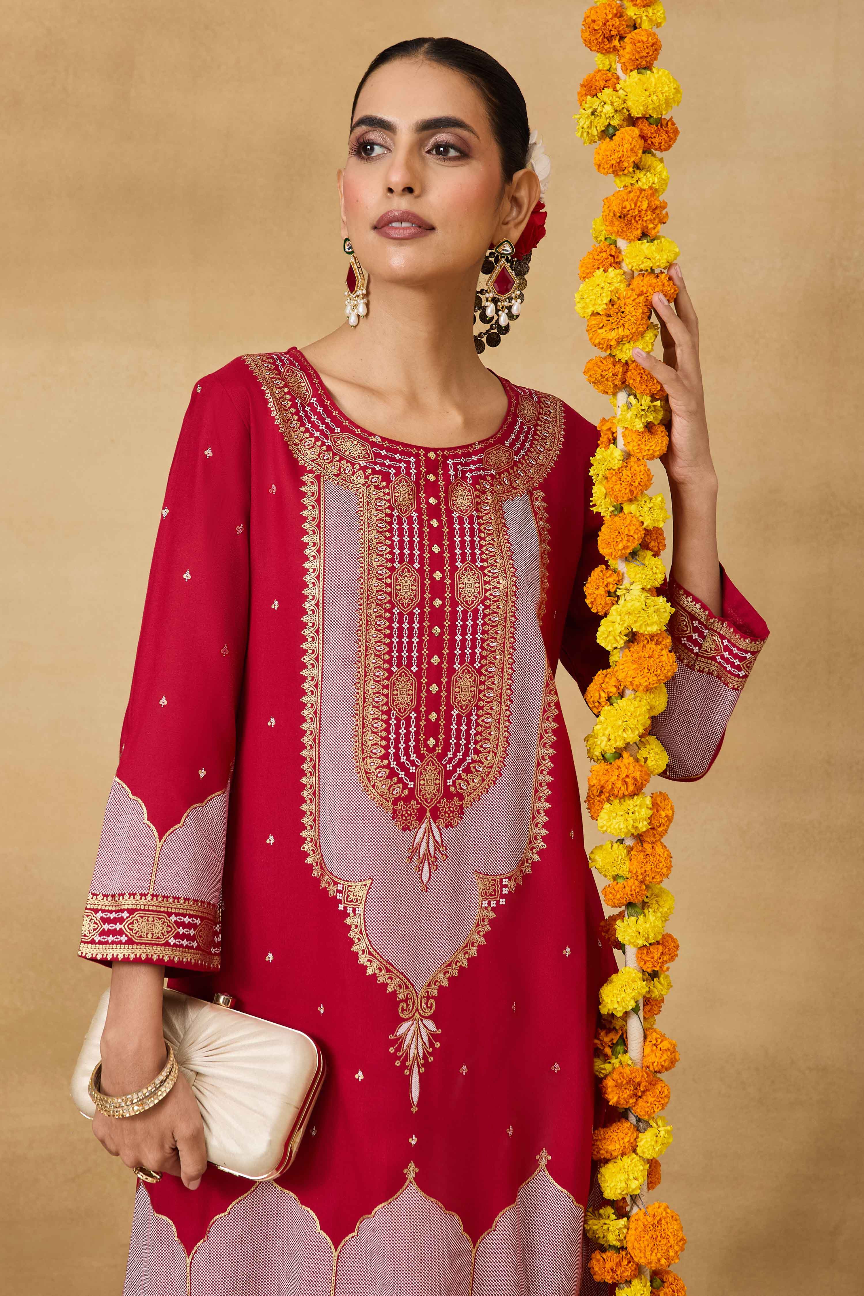 Red Viscose Rayon Straight Printed Kurta Pants Set image number 8
