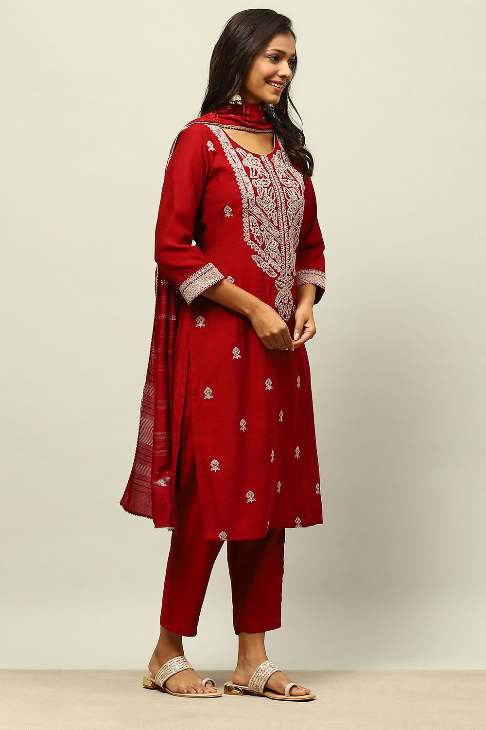 Maroon Viscose Blend Straight Embroidered Kurta Palazzo Suit Set image number 5