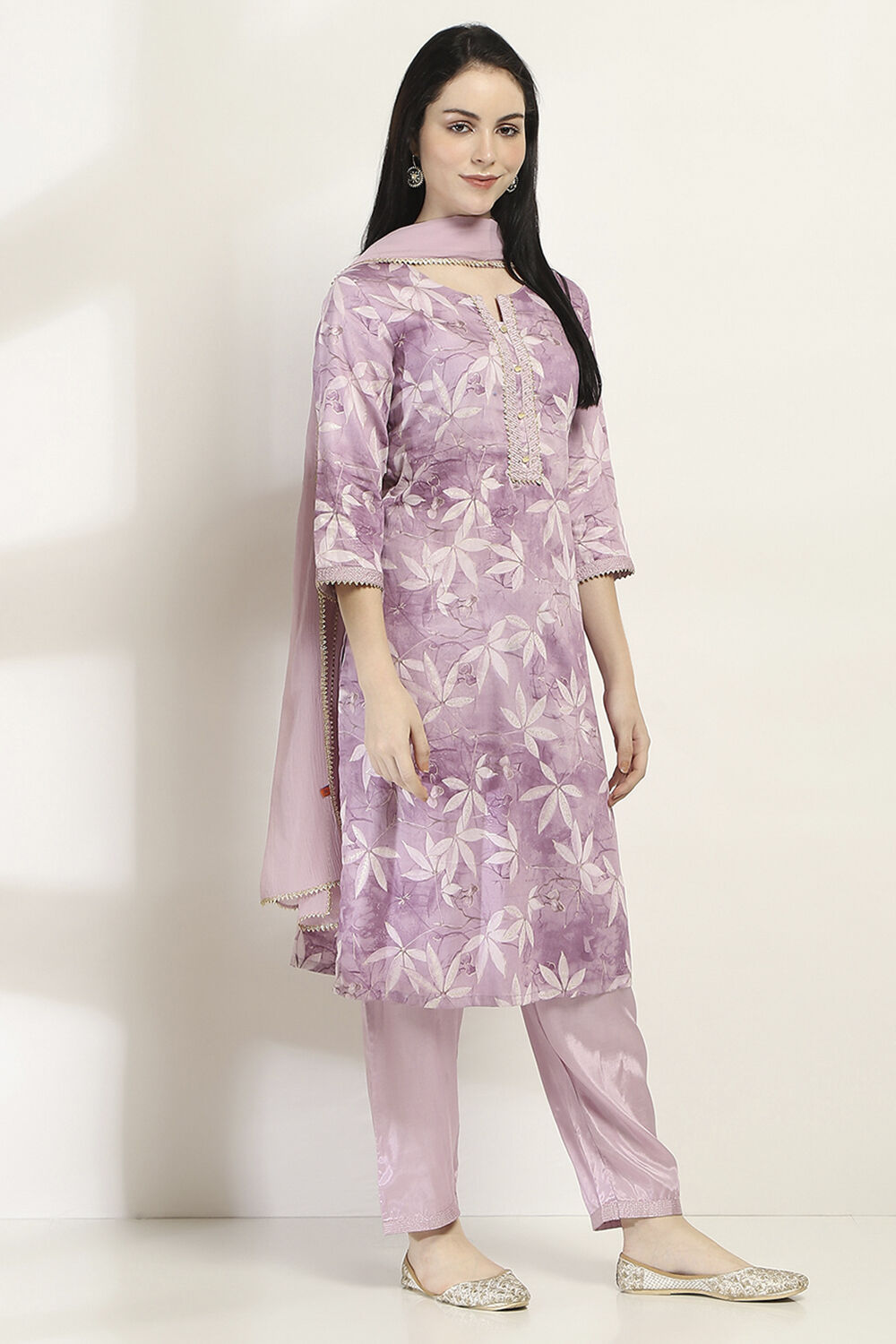 Mauve Cotton Floral Straight Suit Set image number 5