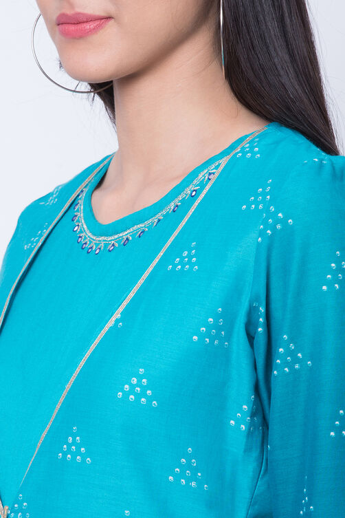 Turquoise Cotton And Flex Straight Dress image number 1