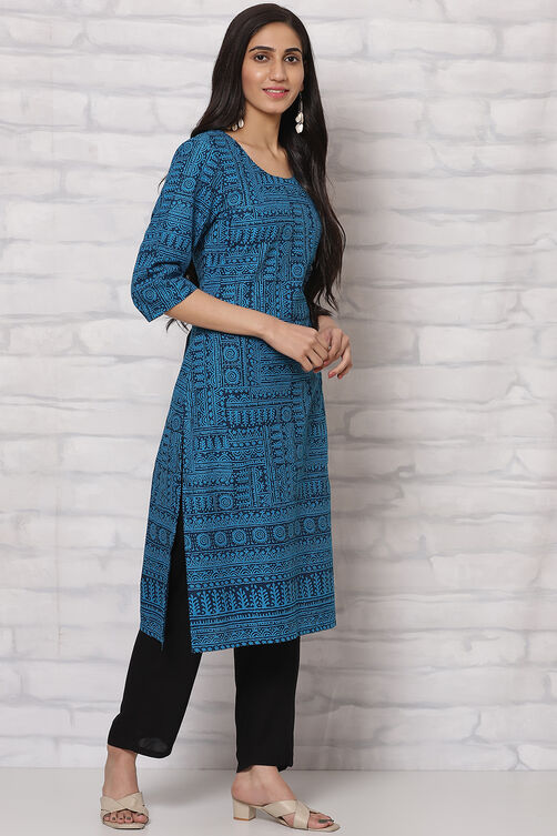 Indigo Cotton Straight Kurta image number 3