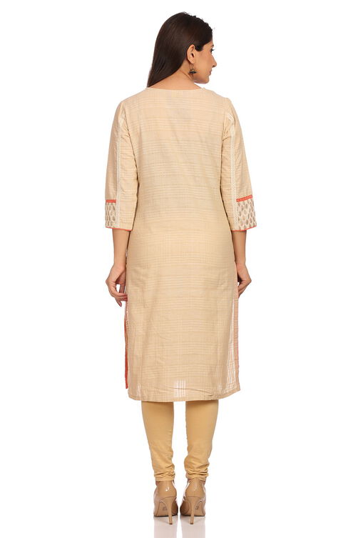 Beige Straight Cotton Kurta image number 3