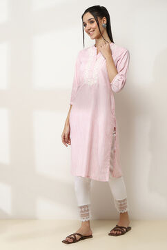Pink Cotton Yarn-Dyed Straight Kurta image number 2