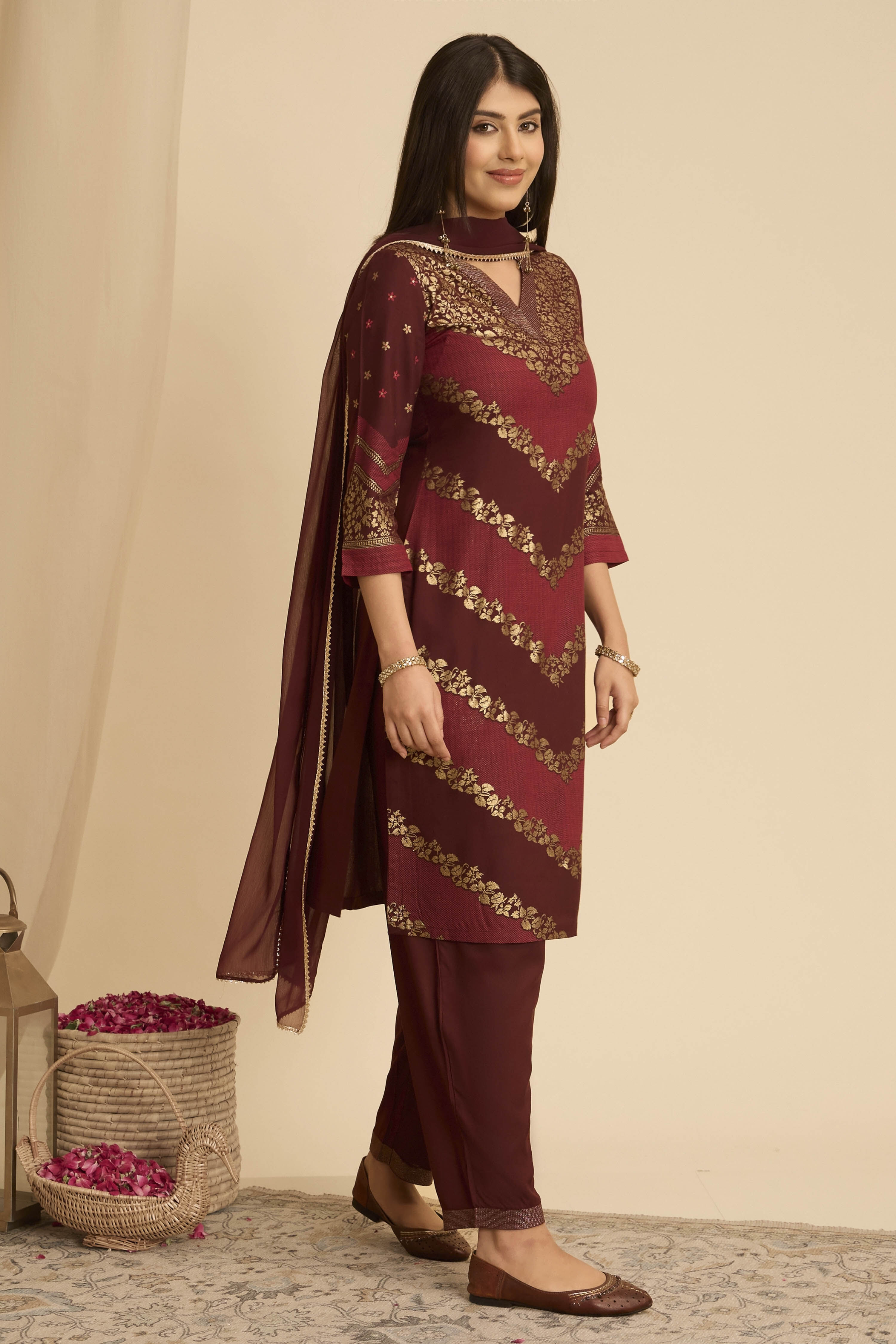 Brown Viscose Rayon Straight Printed Suit Set image number 3