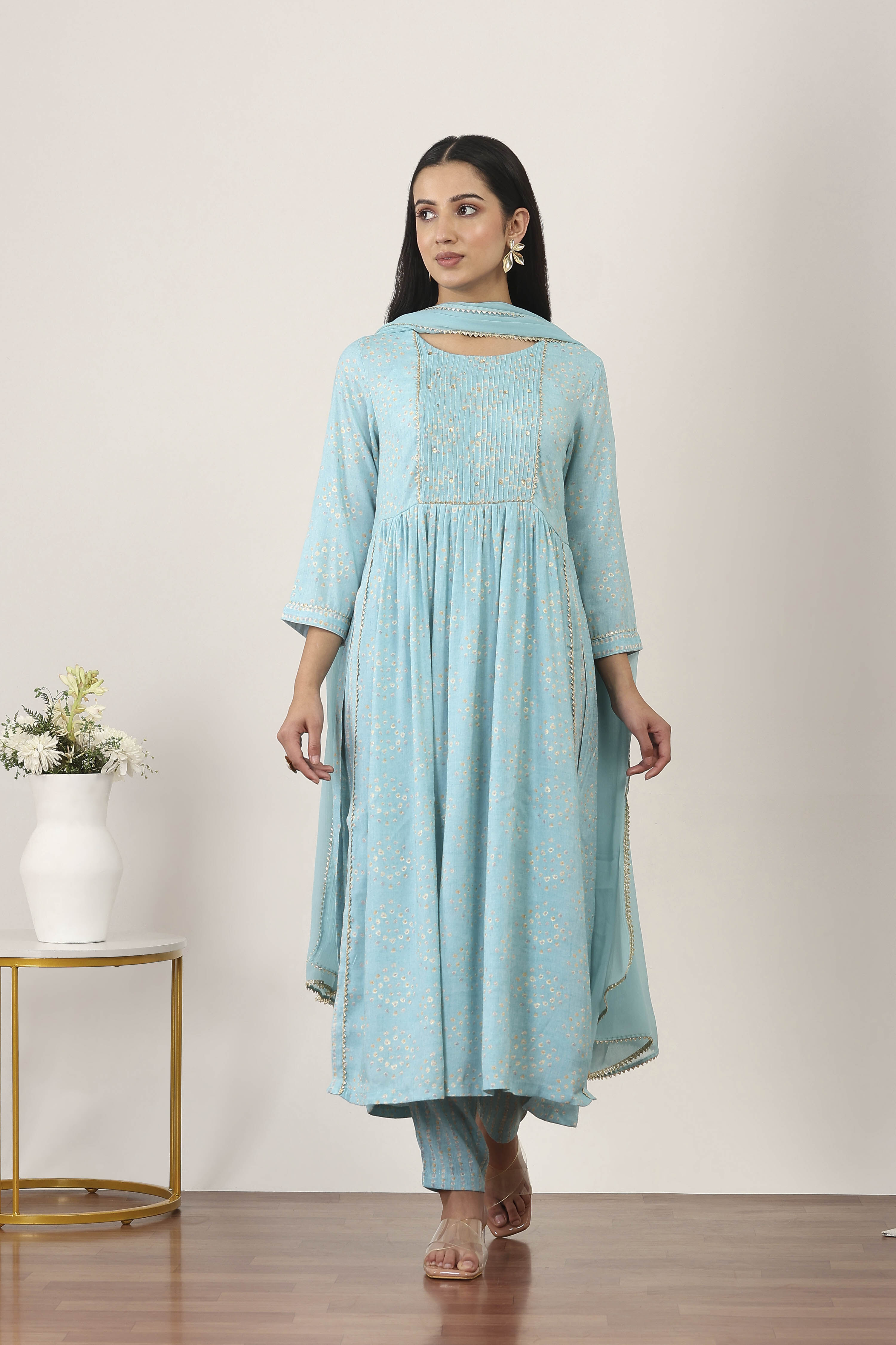 Blue Viscose Polyester Straight Suit Set image number 6