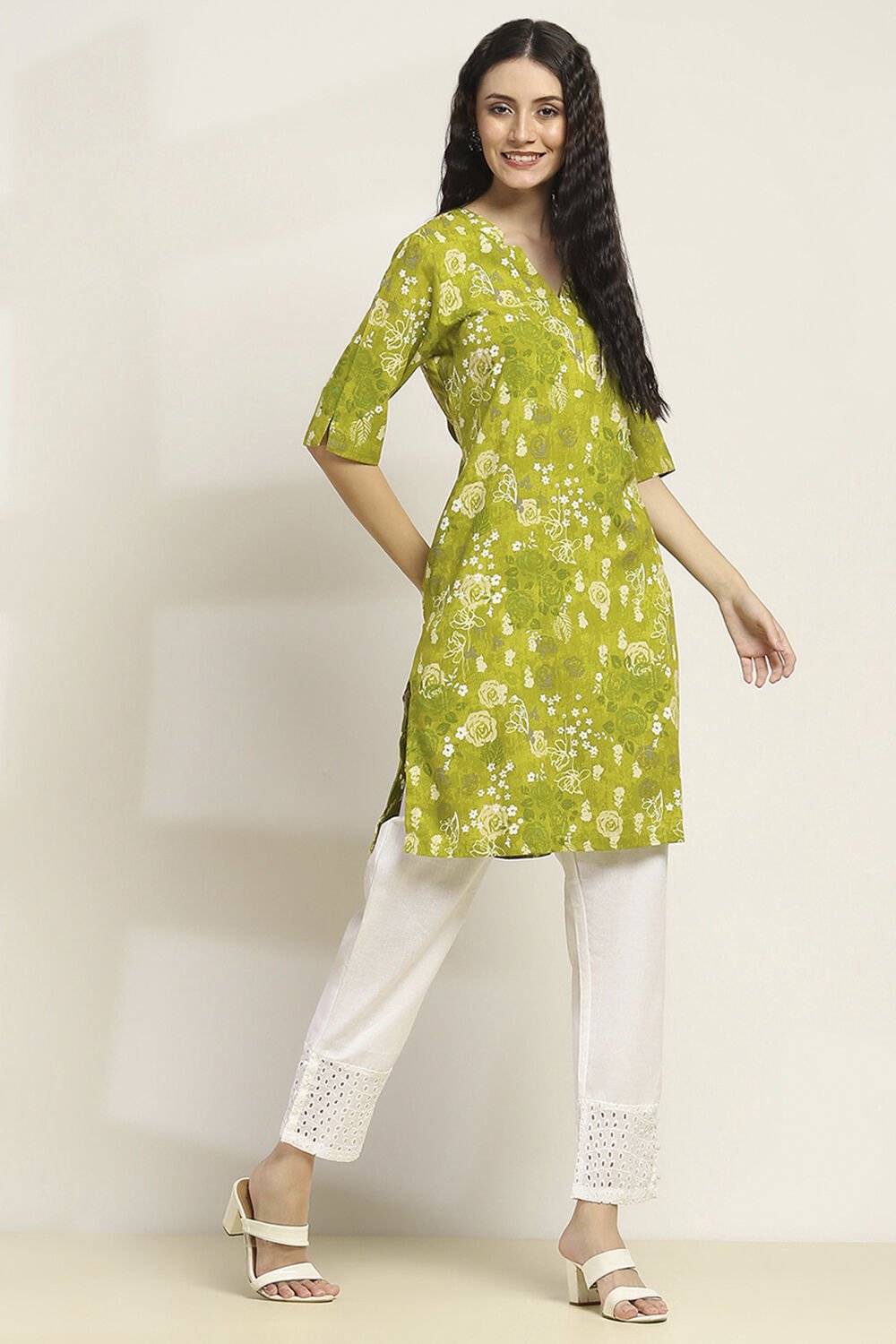 Lime Green Printed Straight Kurta image number 4