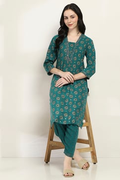 Teal Printed Straight Kurta Set image number 0