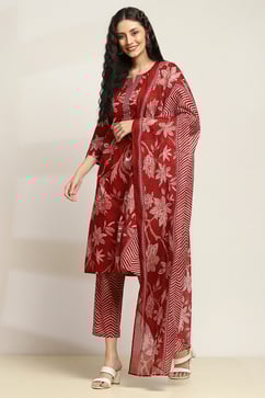 Maroon Cotton Floral Printed Straight Suit Set image number 3