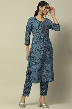 Blue Rayon Straight Suit Set image number 5