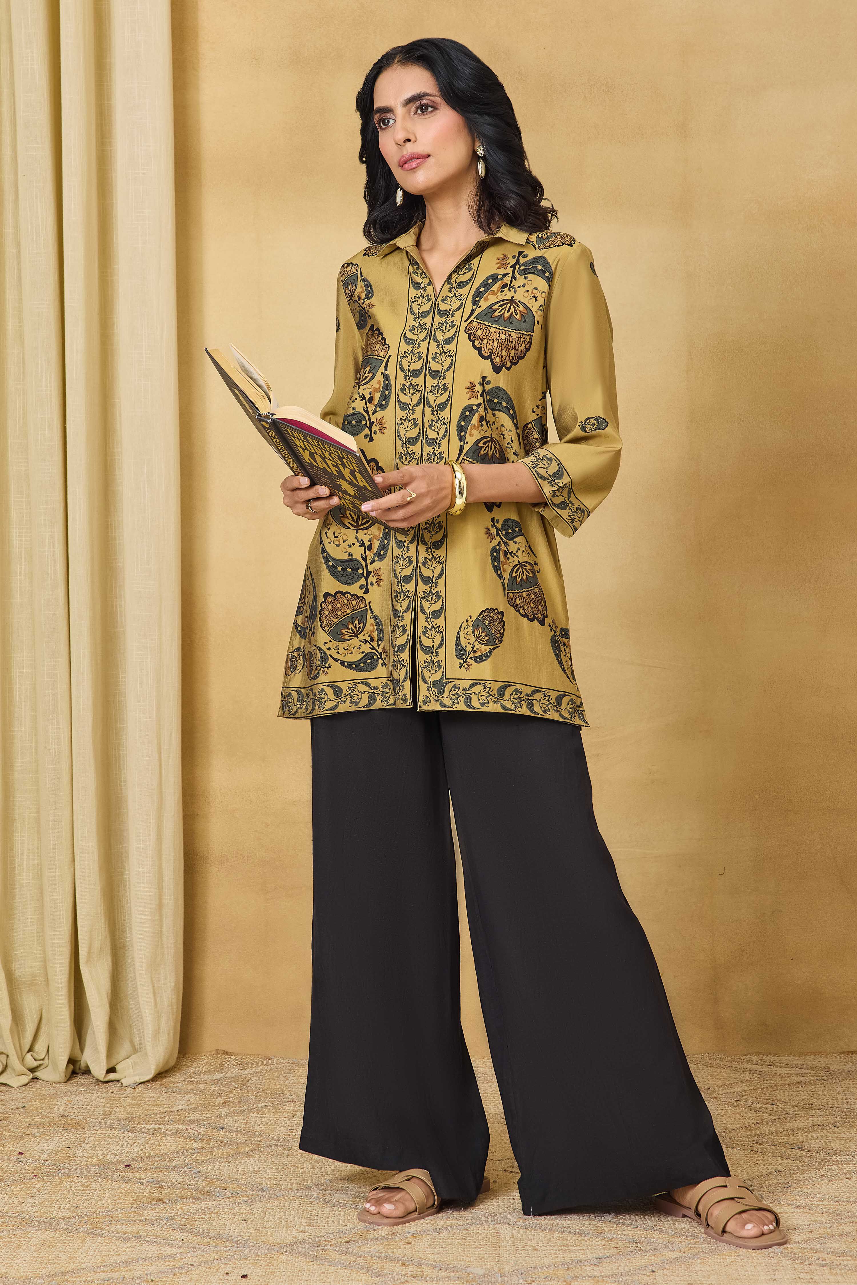 Beige Viscose Blend Straight Printed Top image number 0