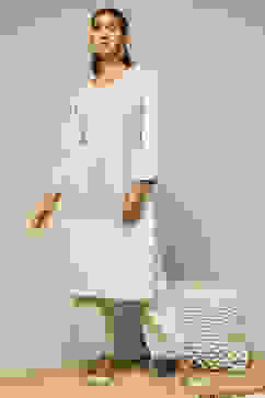 Grey Acrylic Straight Yarn Dyed Kurta Palazzo Suit Set image number 0