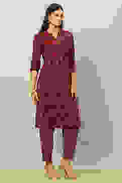 Maroon Viscose Blend Straight Printed Kurta Salwar Suit Set image number 5