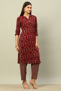 Maroon Viscose Blend Straight Printed Kurta Salwar Suit Set image number 5