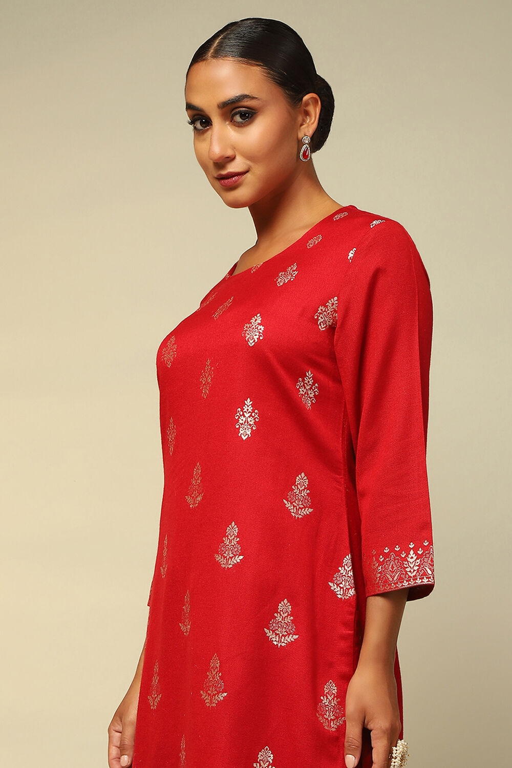 Red Acrylic Straight Yarn Dyed Kurta Palazzo Suit Set image number 1